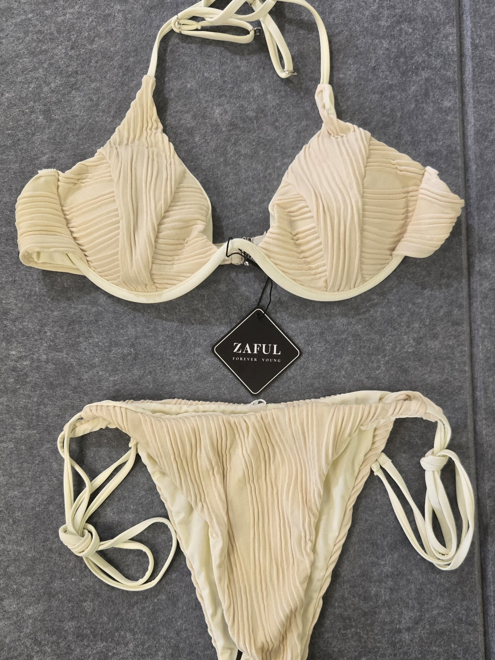 Zaful Cream Textured Ruched Tie-Side Bikini Set - NEW